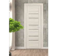 Ușă interioară deschisă la culoare, cu accente orizontale și clanță argintie