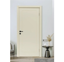 Ușă interioară de culoare crem cu mâner negru într-o cameră luminoasă.