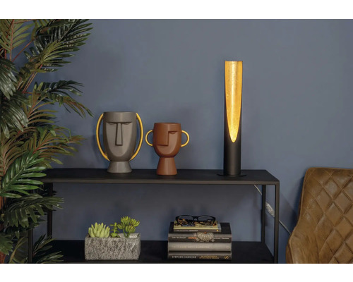 Scenă decorativă cu o lampă de masă, două vaze cu fețe, plante de interior și cărți pe un raft