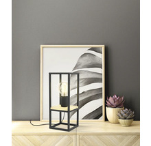 Lampă de masă decorativă cu bază geometrică metalică și element din lemn