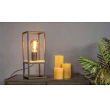 Lampă de masă decorativă cu bec Edison, lumânări și plantă de apartament pe o comodă.