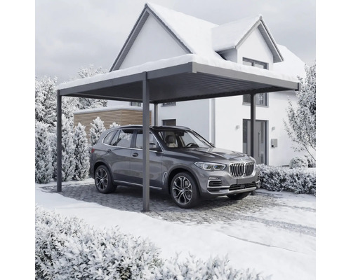 O mașină este parcată sub un carport în fața unei case iarna.