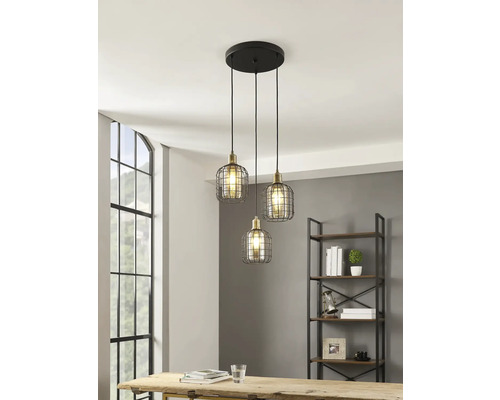 Lumină suspendată cu trei becuri, design cu cușcă metalică pentru interior