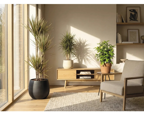 Living cu plante de interior în ghivece, mobilă din lemn și covor