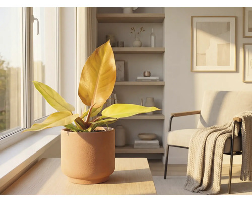 Scenă de interior cu plantă de apartament în ghiveci ceramic pe o masă