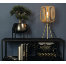 Scenă decorativă cu lampă de masă, plantă artificială, stivă de cărți și mașină de scris pe un raft negru