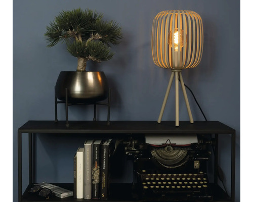 Scenă decorativă cu lampă de masă, plantă artificială, stivă de cărți și mașină de scris pe un raft negru