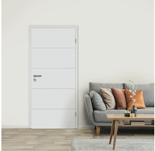 Ușă interioară albă cu caneluri orizontale într-un living