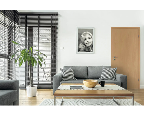 Living cu canapea, masă, plantă de interior și tablou