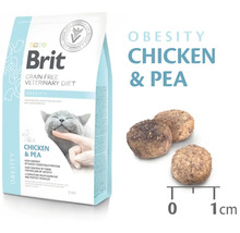Brit Veterinary Diet Obesity Pui și Mazăre hrană pentru pisici în sac cu indicarea dimensiunii bucăților