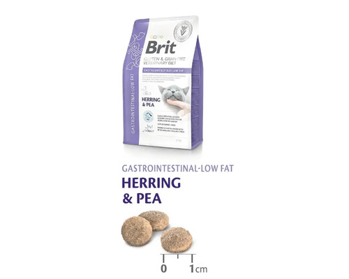Brit Veterinary Diet Gastrointestinal Low Fat hrană pentru pisici cu hering și mazăre