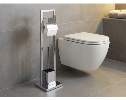 Toaletă cu suport de hârtie igienică independent și perie de toaletă în baie