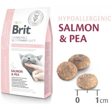 Hrană veterinară Brit Diet pentru pisici cu somon și mazăre, hipoalergenică, pachet de 2 kg cu trei bucăți de hrană