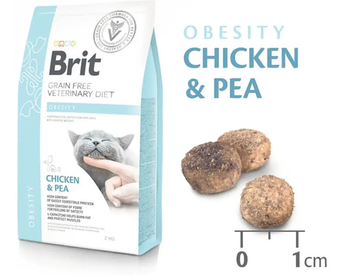 Brit Veterinary Diet Obesity Pui și Mazăre hrană pentru pisici în sac cu indicarea dimensiunii bucăților