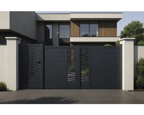 Aspect modern al casei cu poartă gri și ușă laterală