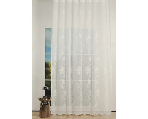 Decor de fereastră cu material alb transparent și model floral