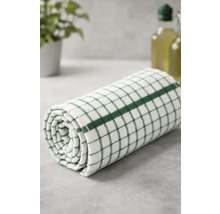 Prosop de bucătărie în carouri alb-verzi, rulat, din bumbac, cu o dungă centrală.