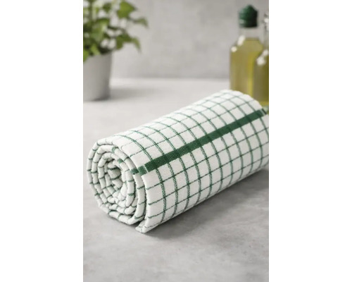 Prosop de bucătărie în carouri alb-verzi, rulat, din bumbac, cu o dungă centrală.