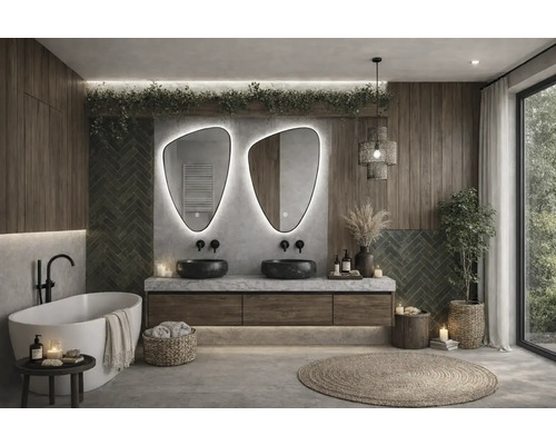 Baie cu chiuvetă dublă, oglinzi, cadă și decorațiuni pentru o atmosferă relaxantă