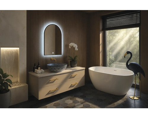 Baie luminoasă cu lavoar, oglindă cu iluminare și cadă independentă