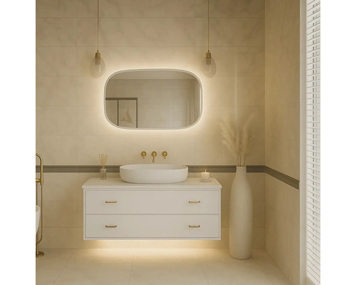 Baie modernă cu mobilier de lavoar, oglindă cu iluminare și elemente decorative