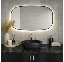 Baie cu dulap de lavoar negru, lavoar rotund și oglindă iluminată