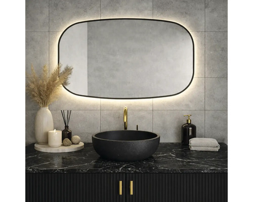 Baie cu dulap de lavoar negru, lavoar rotund și oglindă iluminată