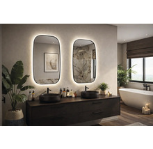 Baie cu mobilier de lavabo, două chiuvete și două oglinzi iluminate