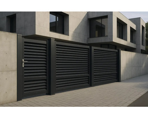 Poartă glisantă metalică cu lamele orizontale în fața unei case