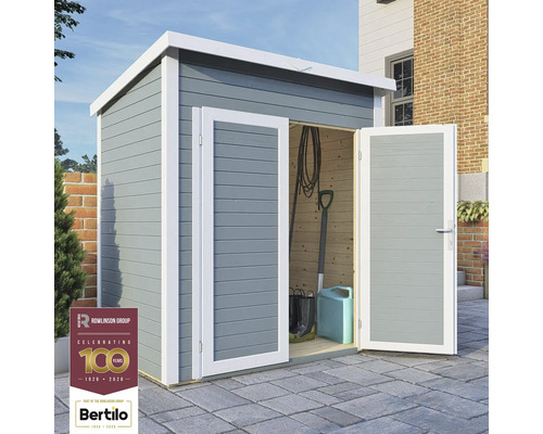 Șopron de grădină cu uși deschise, unelte de grădinărit în interior