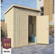 Dulap de grădină din lemn cu ușa deschisă, unelte de grădină în fundal. Logo Rowlinson Group. Logo Bertilo.