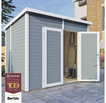 Magazie de grădină din lemn cu ușă dublă și unelte în interior