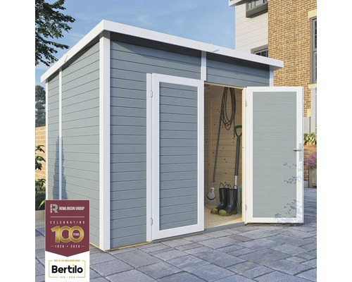 Magazie grădină Bertilo Timmo 4 pentru unelte cu podea 239x181 cm gri Magazie de grădină din lemn cu ușă dublă și unelte în interior