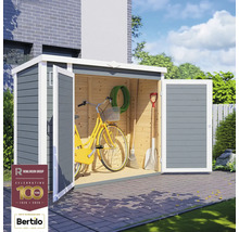 Cabină de grădină cu uși deschise și unelte de grădinărit