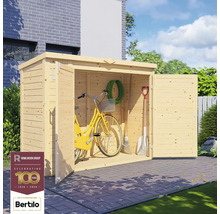 Șopron de scule deschis din lemn cu bicicletă, furtun de grădină, mătură și lopată