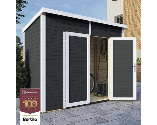 Șopron de grădină cu ușă dublă, structură din lemn și logo-ul Rowlinson Group