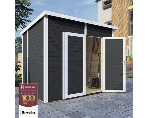 Cabină de grădină cu uși duble deschise pentru depozitarea uneltelor de grădină