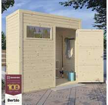 Căsuță de grădină din lemn cu fereastră și ușă deschisă