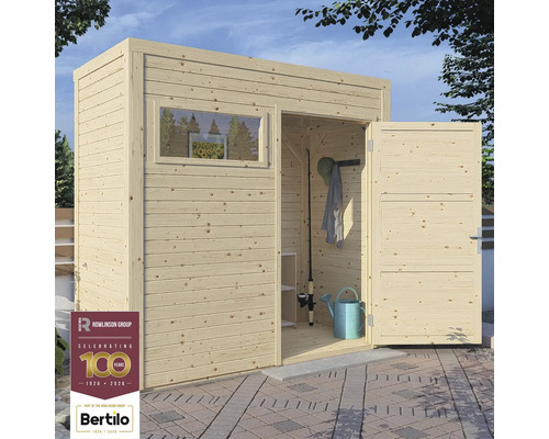 Căsuță de grădină din lemn cu fereastră și ușă deschisă