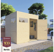 Cabină de grădină din lemn cu fereastră și ușă dublă deschisă