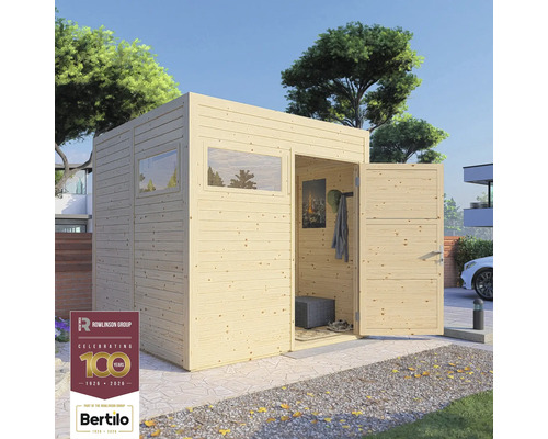 Cabină de grădină din lemn cu fereastră și ușă dublă deschisă