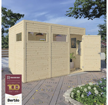 Cabină de grădină din lemn cu ferestre și ușă deschisă în spațiul exterior