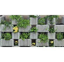 Zid din bolțari de beton gri pentru grădinărit, cu caneluri verticale, plantați cu diverse plante verzi și flori colorate.