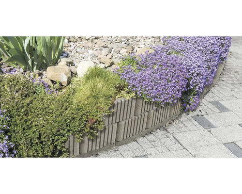 Bordură de grădină din palisade de beton canelate, dispuse în curbă, cu plante înflorite și o alee pavată.