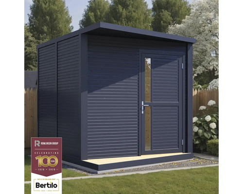 Cabină de grădină modernă cu acoperiș plat și o ușă cu inserție de sticlă.