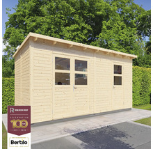 Cabină de grădină din lemn cu ferestre și uși în fața copacilor și logo-ul Rowlinson Group