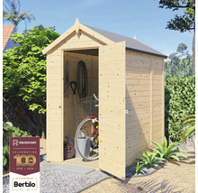 Dulap de grădină din lemn cu uși deschise și unelte de grădinărit în interior