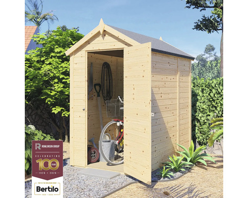 Dulap de grădină din lemn cu uși deschise și unelte de grădinărit în interior