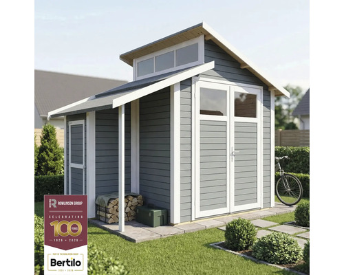 Cabină de grădină cu ușă dublă, fereastră și depozit de lemne sub baldachin