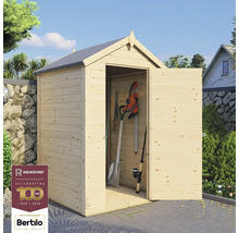 Magazie de grădină din lemn cu uși deschise și unelte de grădinărit în interior